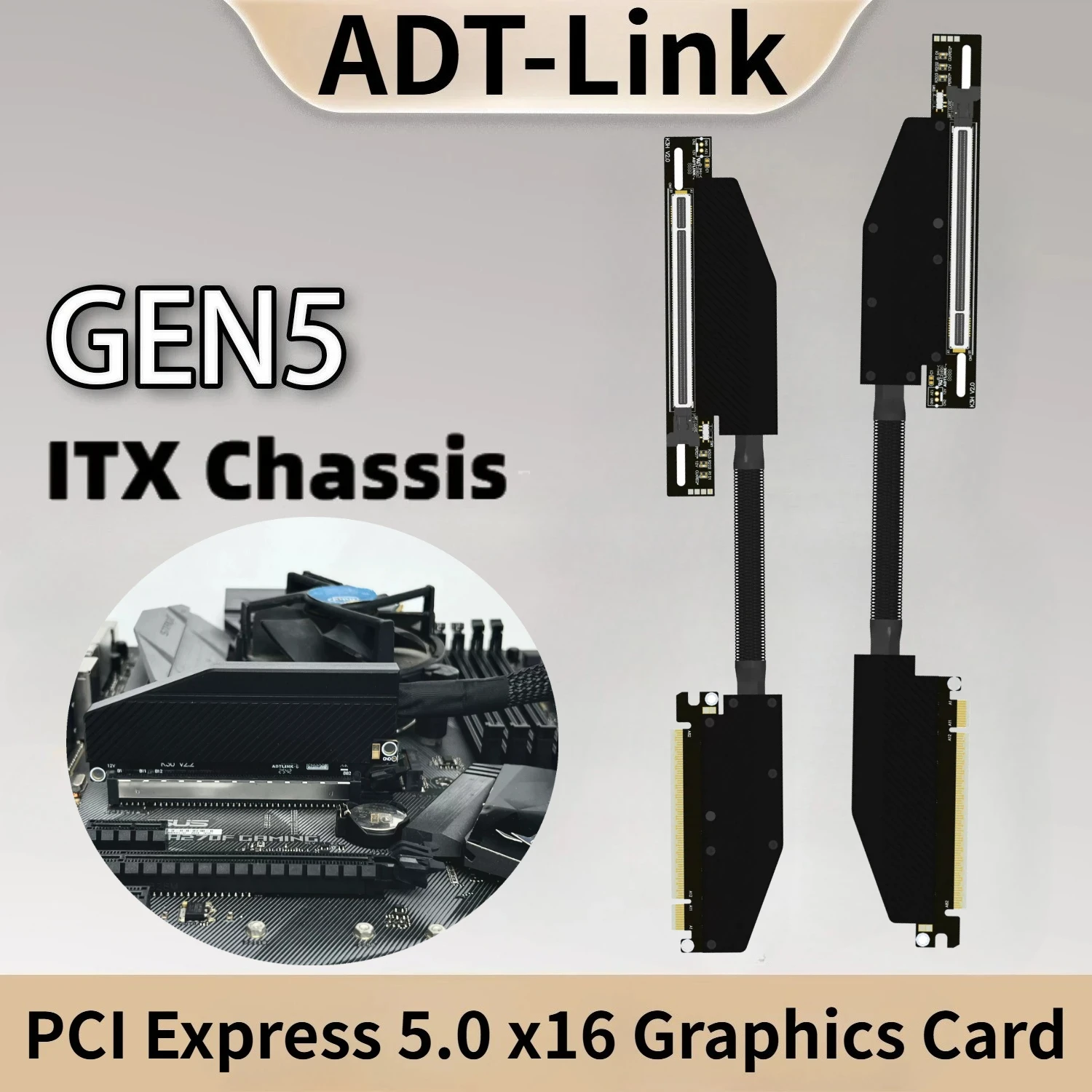 PCIE 5.0 X16 GPU Extension Cable, Dual Reverse Side Bending Elbow for NVIDIA RTX50 AMD RX90xx Server Golden Finger Gen5, 512Gbps