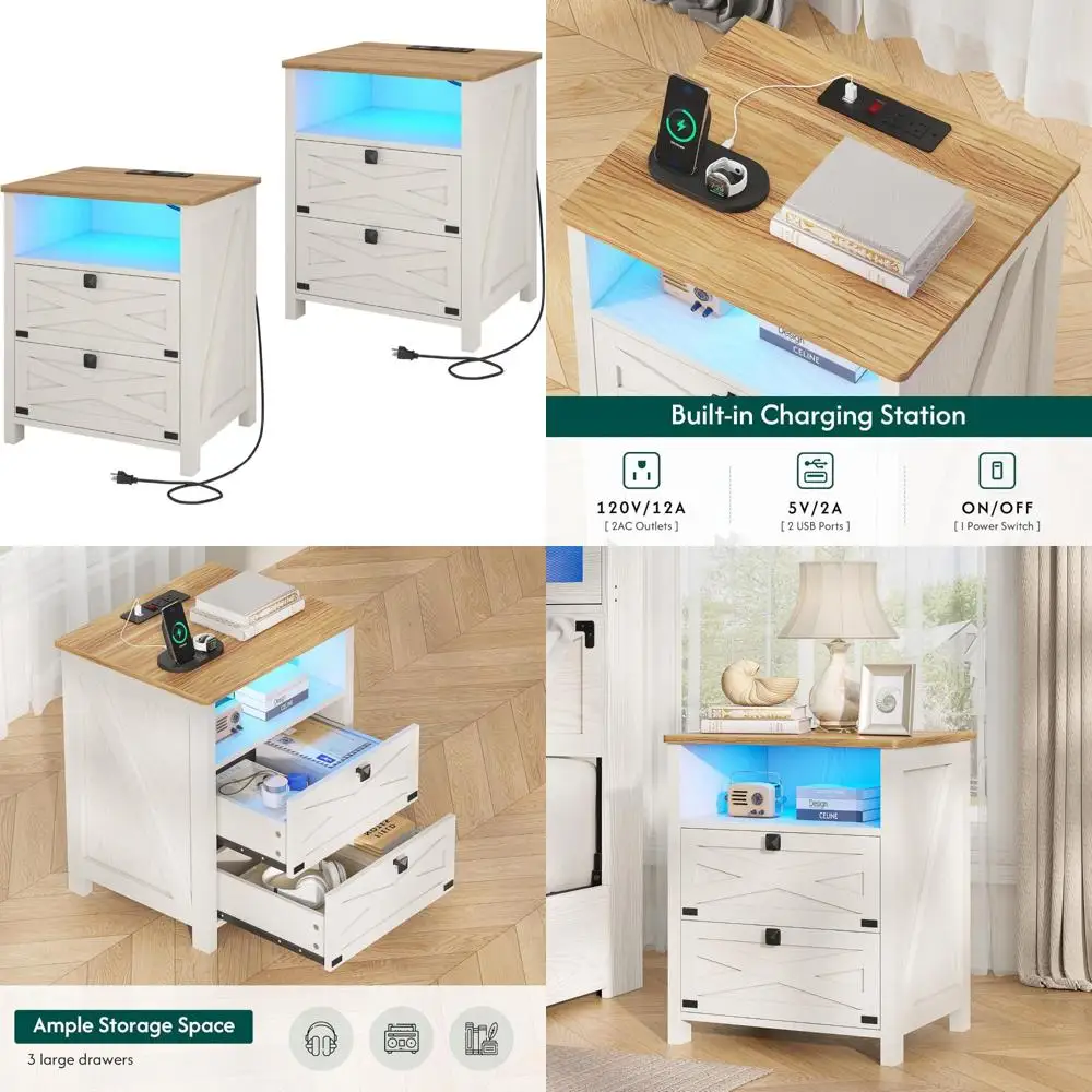 مجموعة منضدة مزرعة بيضاء ريفية عتيقة لغرفة النوم، وطاولات بجانب السرير مزدوجة مع محطة شحن وأضواء LED