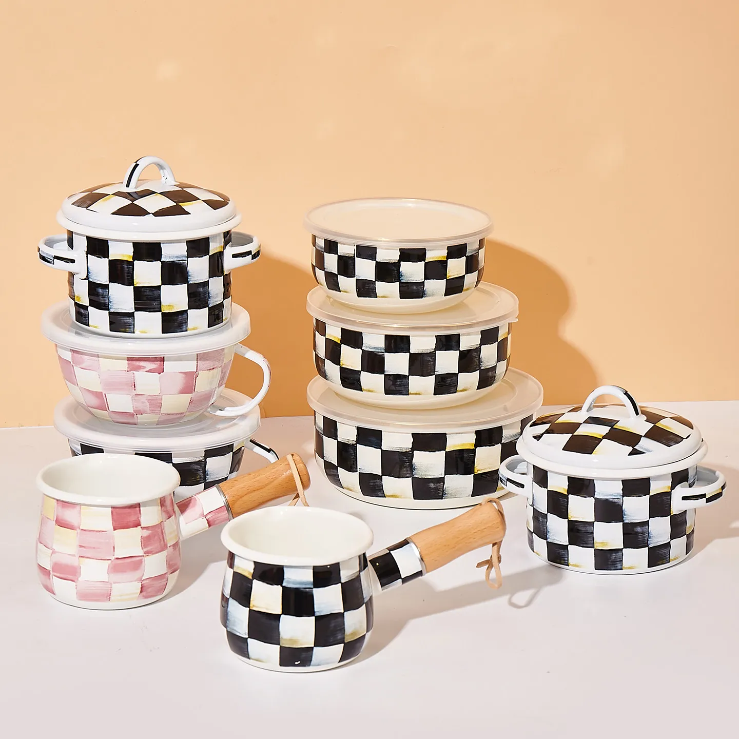 Checkerboard Enamel Household Milk Pot Lattice Soup Stew Pot with Lid Induction Cooker Universal Kitchen Essential
