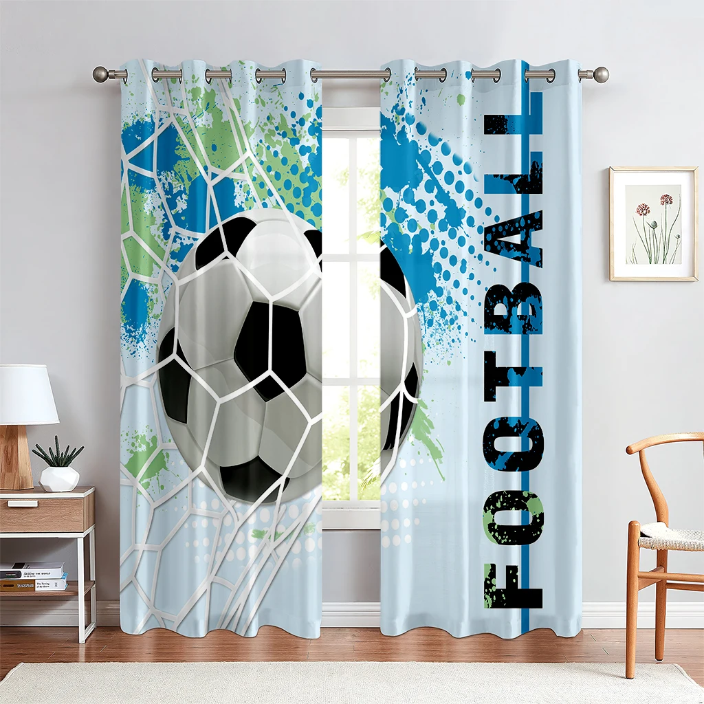 

2pcs Cool Sports Football Printed Curtain Polyester Fiber Rod Bags Colorful Hand Painted Living Room Bedroom Decorative Curtains