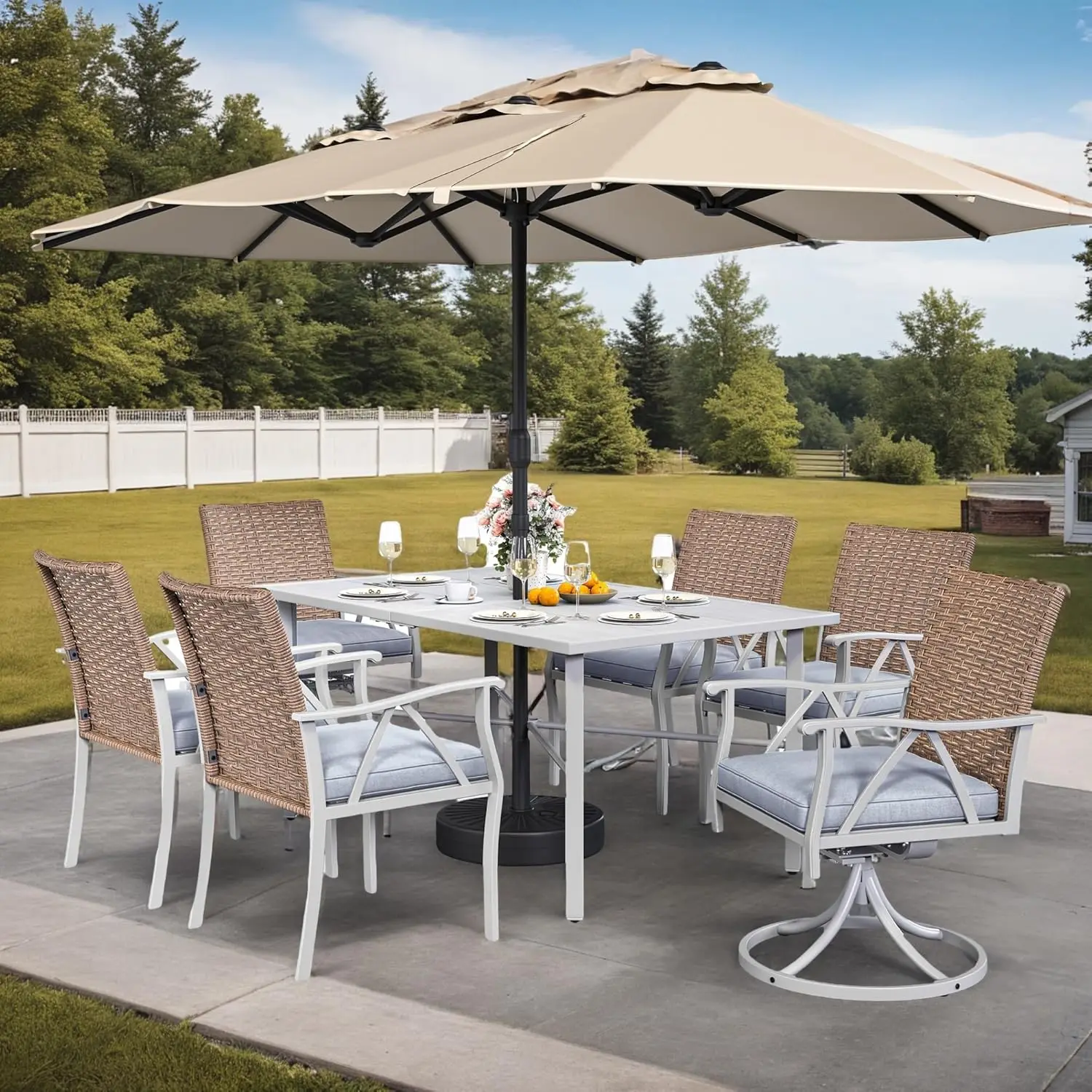 

7-Piece Patio Furniture Set, Outdoor Wicker Conversation Dining Furniture with 2 Rocking Chairs, Soft Gray Cushions and Imitatio
