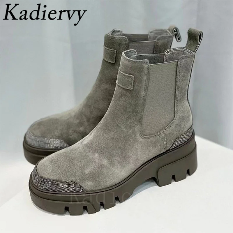 Thick Sole Motorcycle Boots Women Round Toe Slip-on Ankle Boots String Bead Flat Shoes Women Luxury Cow Suede Short Boots Woman