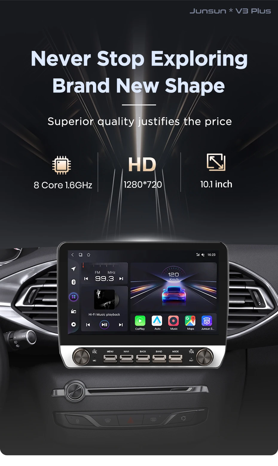 Junsun 10,1' Kabelloses CarPlay Android Auto Autoradio für Peugeot 308 308S 2013-2017 Radio mit Tasten Bluetooth GPS Navi 4G DSP – Detail 3