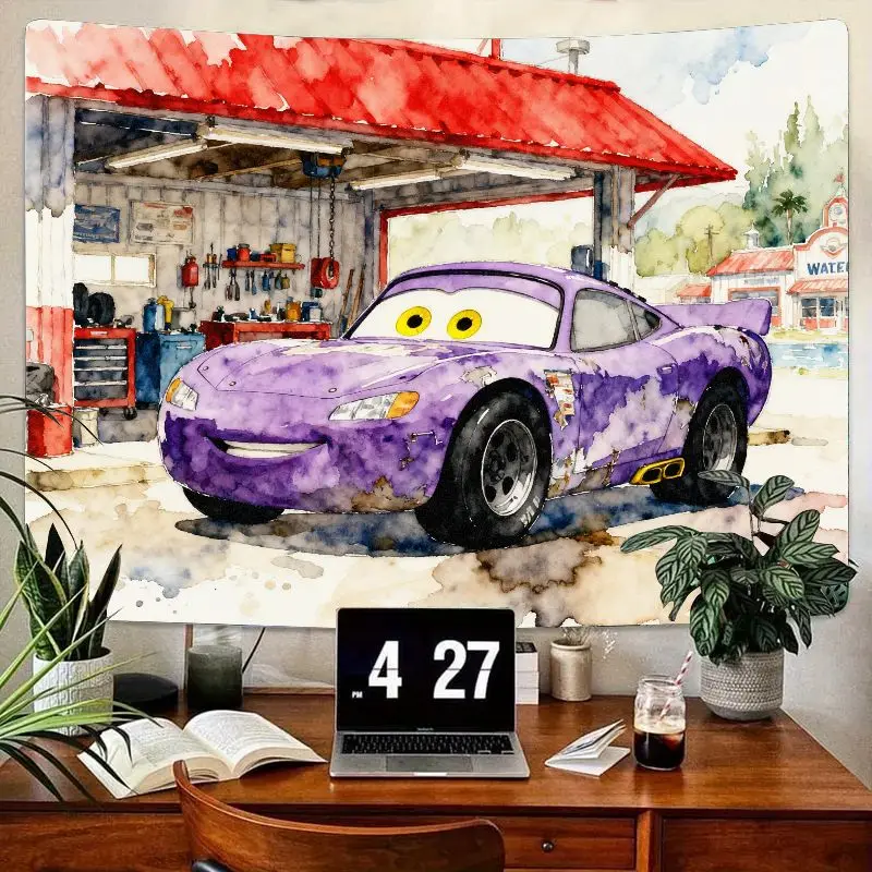 

1 шт. акварельный фиолетовый гобелен с гоночным автомобилем, настенное искусство для гаража с героями мультфильмов, современный декор из полиэстера для детской комнаты для мальчиков, гостиной, спальни