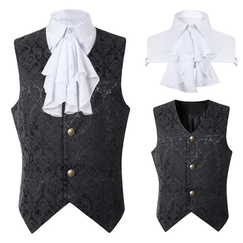 Black Vest Men Renaissance Steampunk Coat Gothic Jacquard Waistcoat Single Breasted Business Formal Dress Vest for Suit