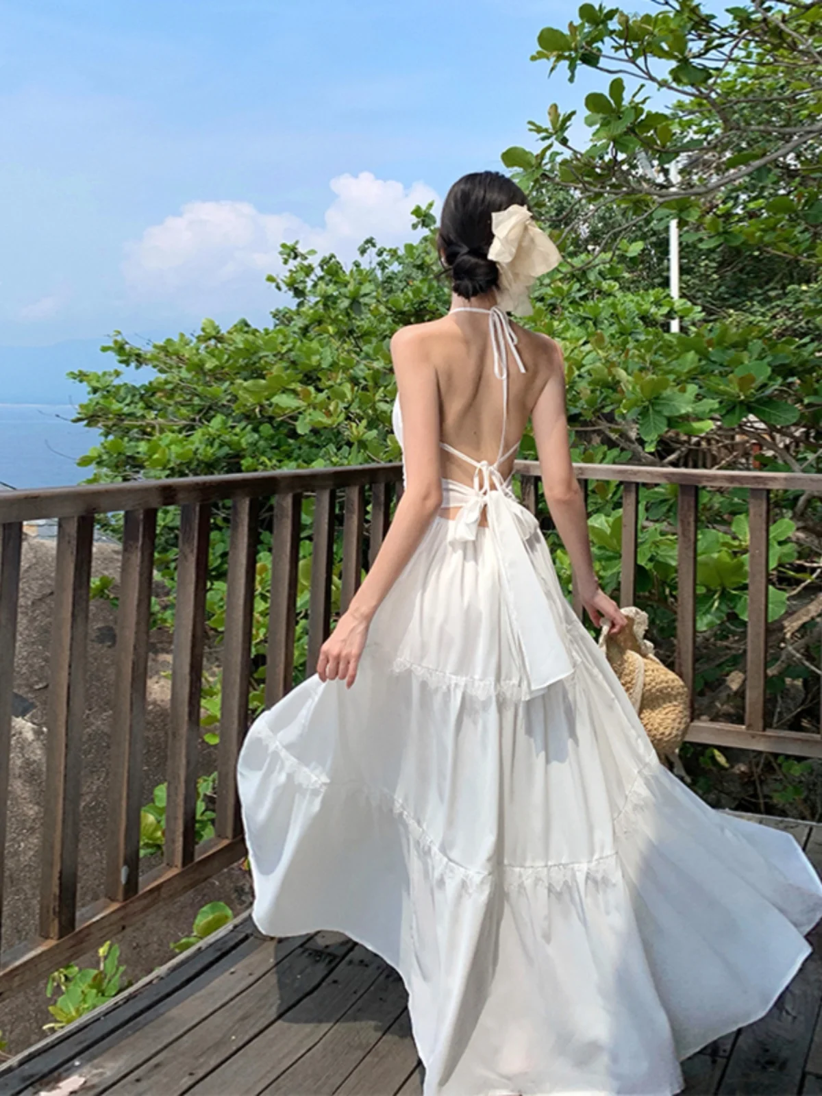 Beautiful Sanya Seaside Photography Skirts Temperament White Hanging Neck Sling Backless Dress Long Vacation Beach Skirt