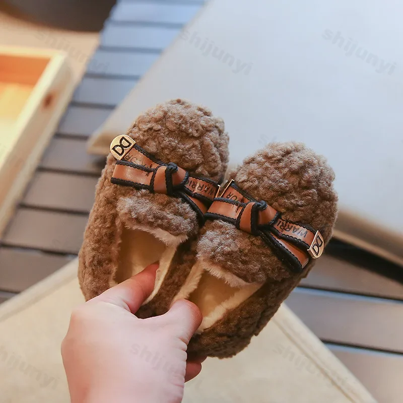 New Girls Winter Shoes Fashion Bowknot Mary Janes Shoes Children Cotton-Padded Shoes Warm Plush Kids Non-slip Flats Baby Toddler