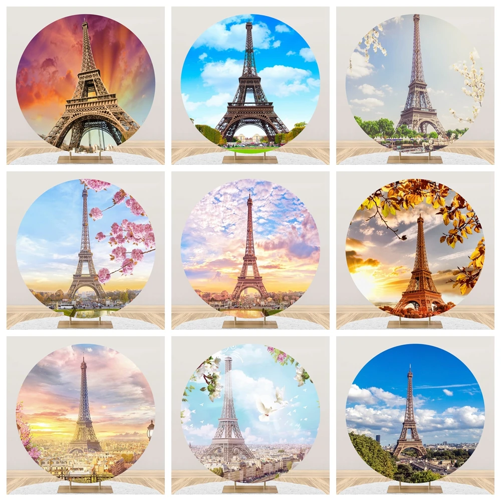 

French Paris Eiffel Tower Round Backdrop French Landmark Flower Tree Sunset European City Landscape Wedding Circle Background