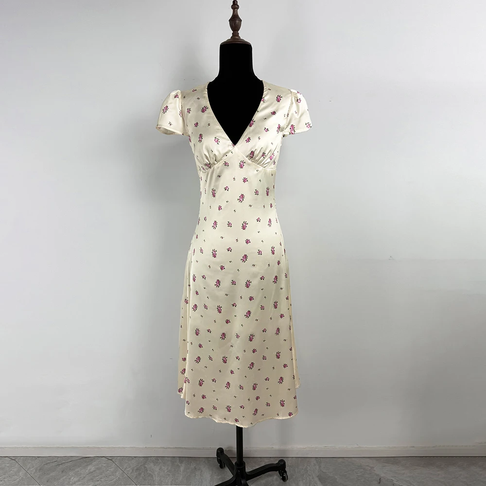 Ticketsx Sexy V Neck Long Dress Women's Short Sleeve Floral Print Waist-Cinching Dress Female Casual Vacation Elegant Slim Dress