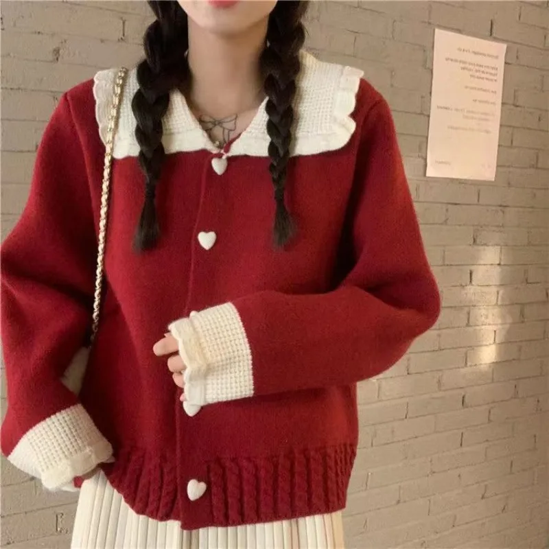 Japanese Gentle Sweater Coat Women Autumn and Winter Design Feeling Small Love Soft Glutinous Doll Neck Knitted Cardigan Female