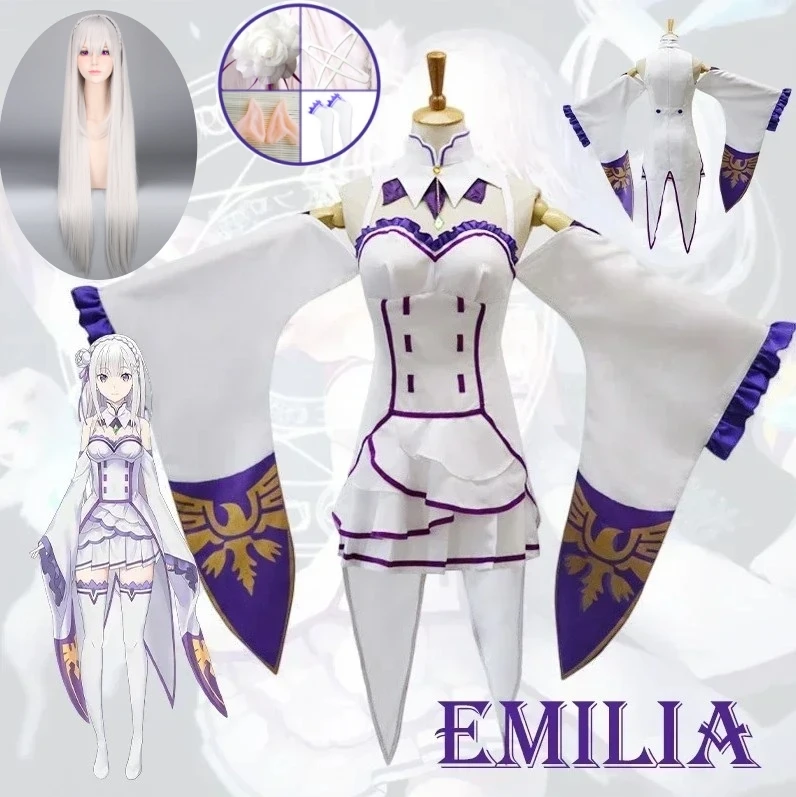 

Re Zero Kara Hajimeru Isekai Seikatsu Emilia Cosplay Costumes Cloak Wig Women Dress with Headdress for Halloween Party Carnival