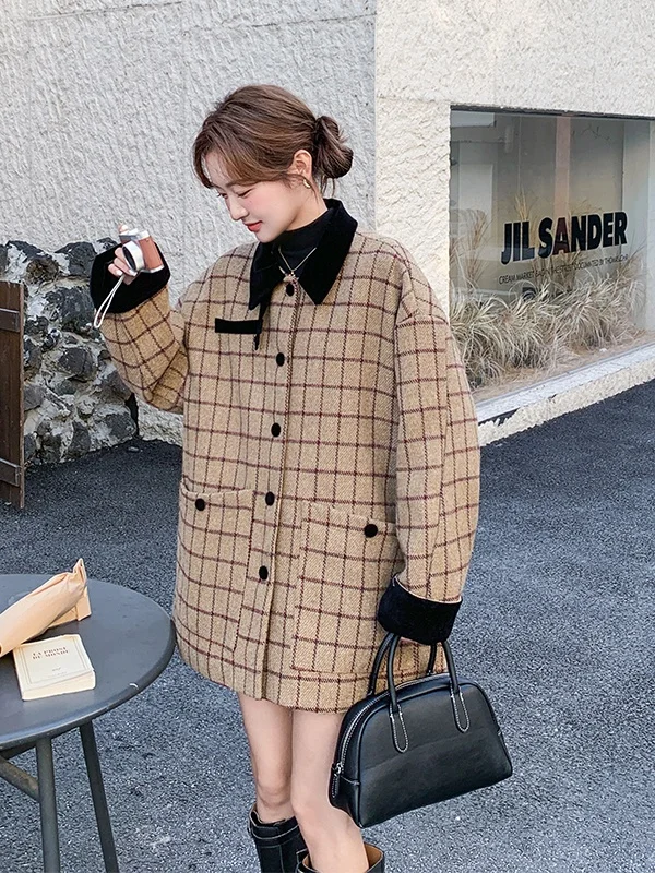 한국 스타일 레트로 체크 울 코트 여성용 가을 겨울 신상품 작은 사이즈 아름다운 울 탑 출퇴근용 스트레이트 롱 코트
