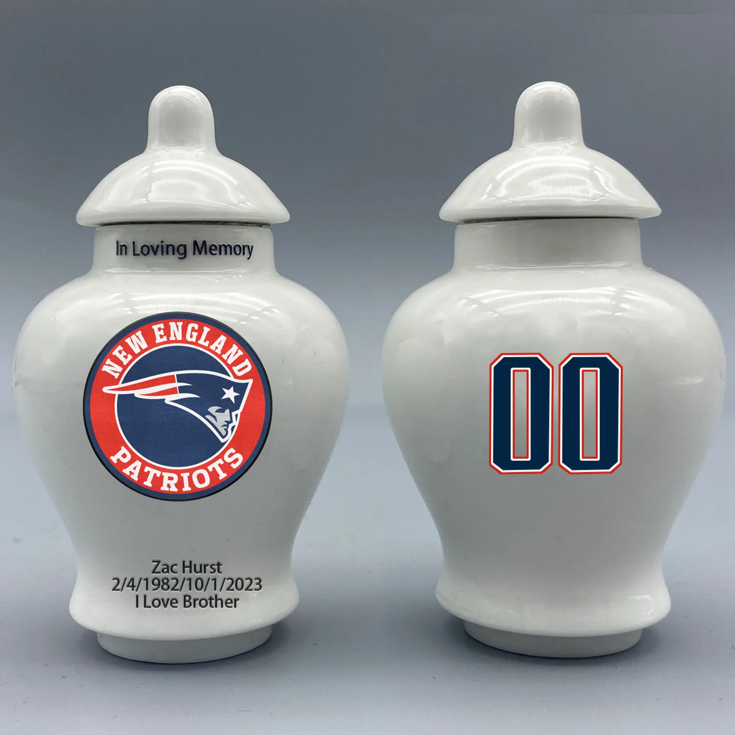 

Mini Urn for New England Patriots-themed Logo Urn.Please send me the customization information - name/date and number on the urn