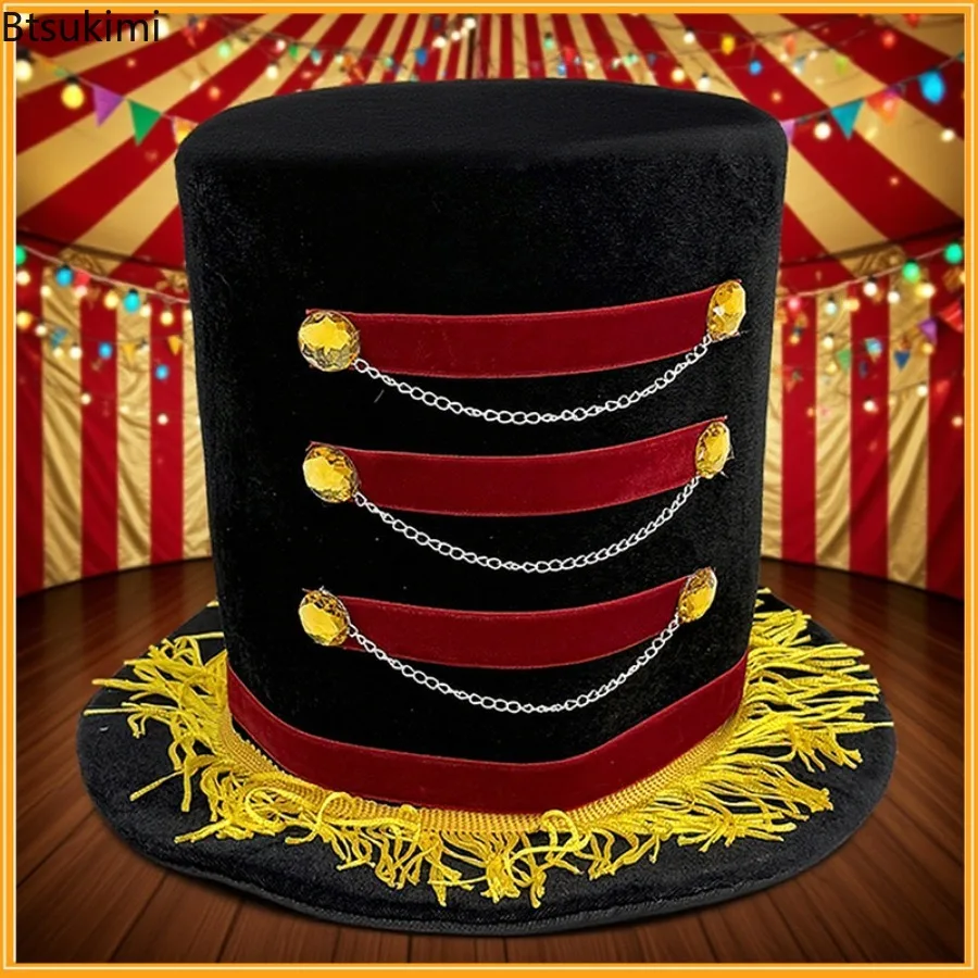 Halloween Cosplay Costumes Red Black Circus Magicians Top Hat with Gold Fringe Buttons and Chains Carnival Burlesque Accessories