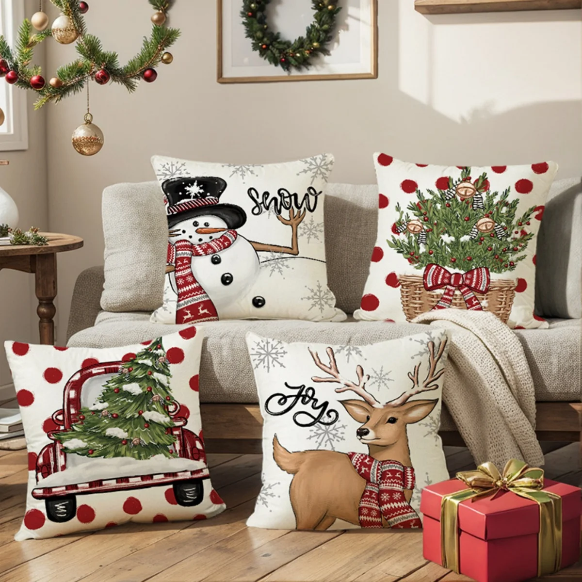 Polka Dot Snowman Red Truck Reindeer Christmas Pillow Covers Set of 4, Winter Holiday Cushion Cases for Sofa Home Decor