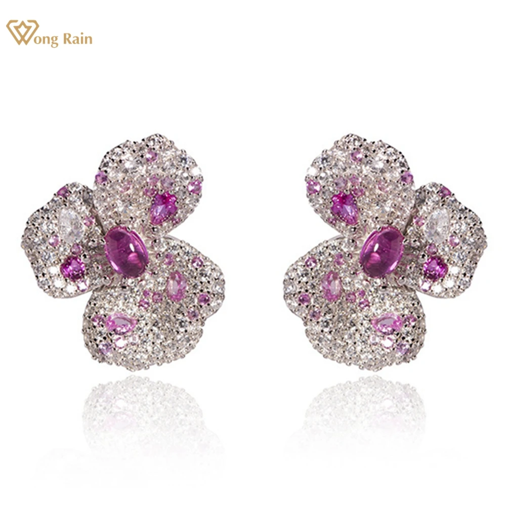 

Wong Rain Romantic 925 Sterling Silver Ruby High Carbon Diamond Gemstone Flower Earrings for Women Ear Studs Jewelry Wholesale