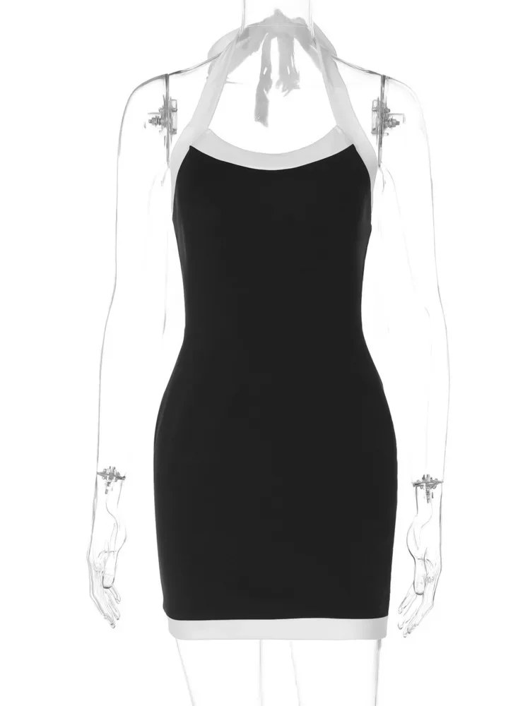 

2025 New Halter Backless Sexy Mini Dress Women Patchwork Contrasting Colors Off-shoulder Sleeveless Lace-up Club Party Dresses
