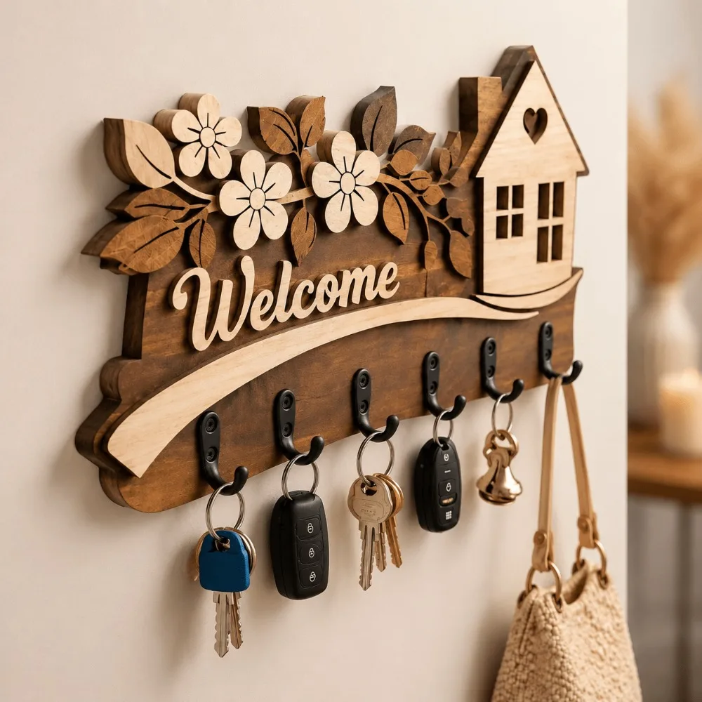 Farmhouse Wall-Mounted Multi-Tier Key Holder with Welcome Sign & Hooks Wood Key Hanger for Entryway, Hallway Organizer