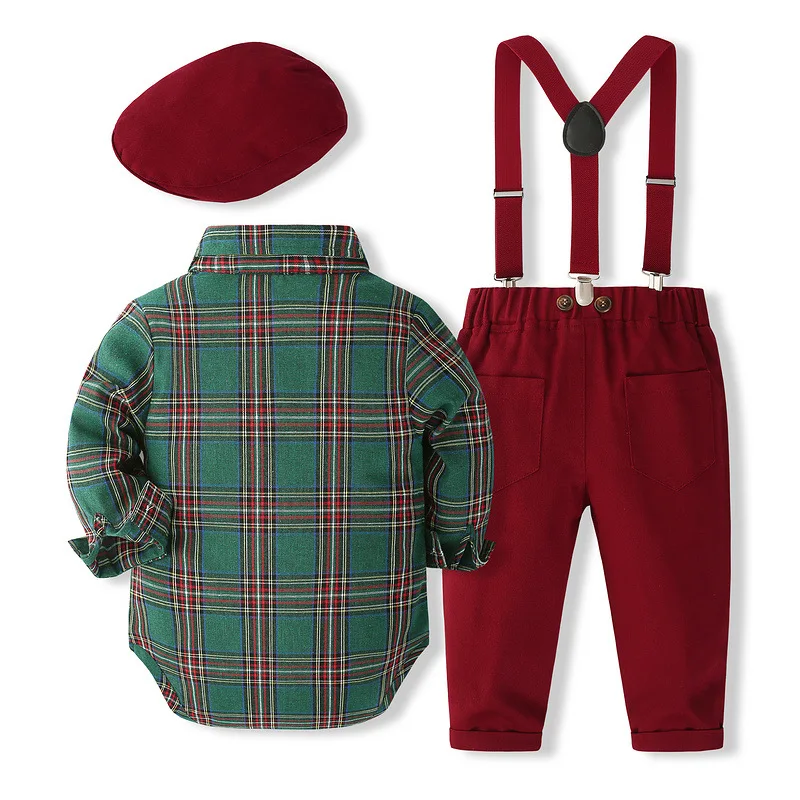 5Piece Sets 2024 Autumn Newborn Boy Clothes Korean Fashion Plaid Gentleman Bodysuit+Pants+Tie+Straps+Hat Baby Clothing BC1324-1