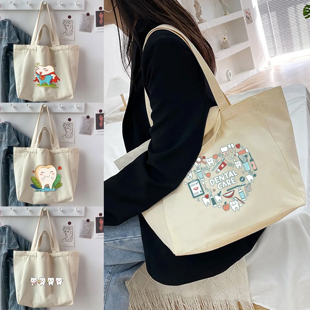 Women's Shopping Organizer Bag 2025 Canvas All-match Teeth Printed Large Capacity Shoulder Bags Reusable Casual Handbag Tote Bag