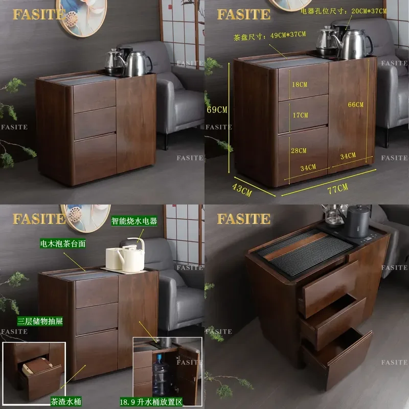 For Solid Wood Ebony Mobile Tea Cabinet with Bakelite Tray Boiling Table Living Room Tea Room Side Storage Furniture