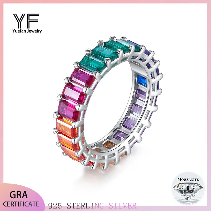 

S925 Silver Zircon Rainbow Square Ring 2CT Customizable moissanite Hip Hop Style Jewelry Personalized rings Valentine's Day Gift
