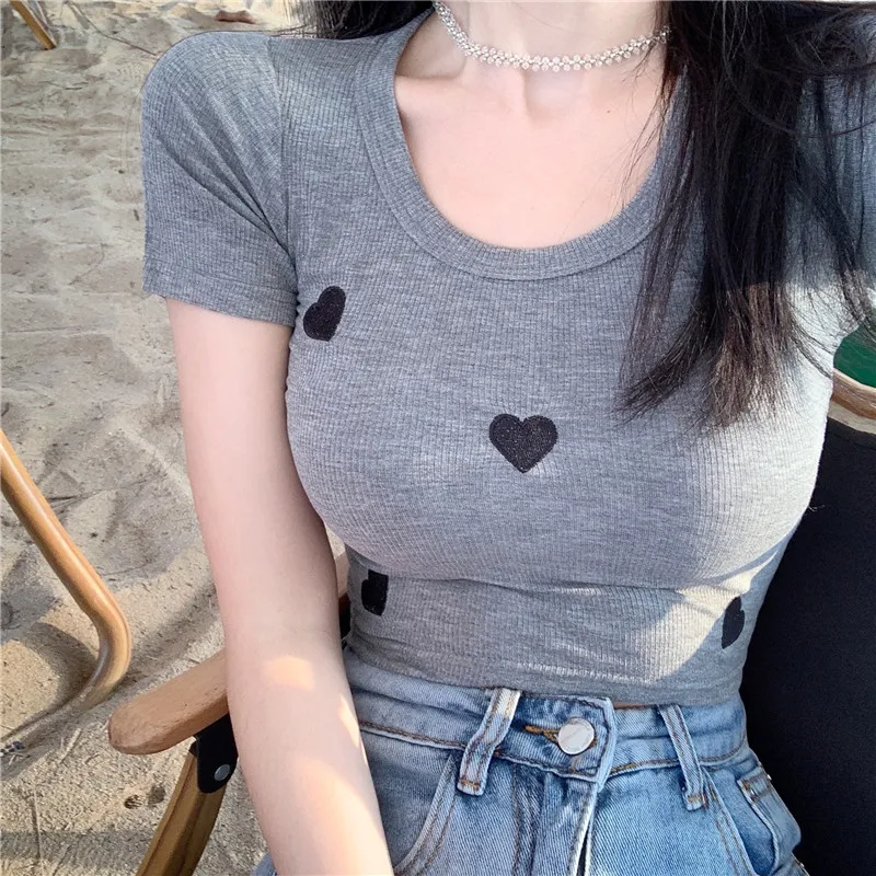 Embroidery Heart Design Crop Top Korean Popular Casual All-match Short Sleeve Tee High Street New Summer Tops Sexy