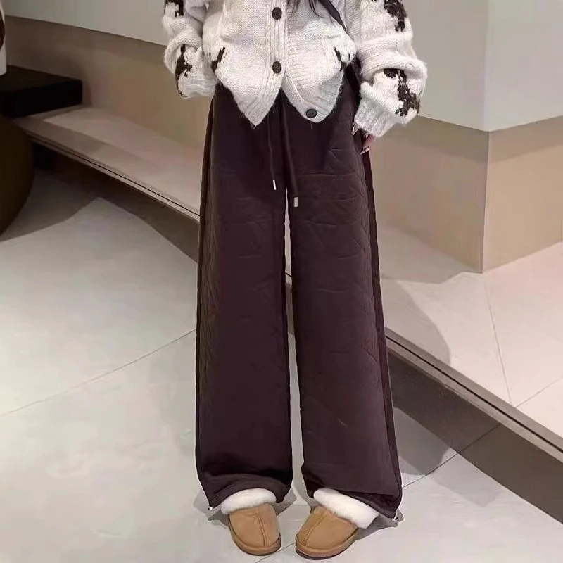 와이드 레그 코튼 퀼트 바지 여성 빈티지 격자 무늬 경량 방풍 오버 사이즈 바지 두꺼운 느슨한 Drawstring 스웨트 팬츠
