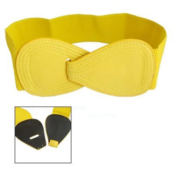 SODIAL(R) 8-shaped Faux Leather Buckle Elastic Belt Yellow for Lady