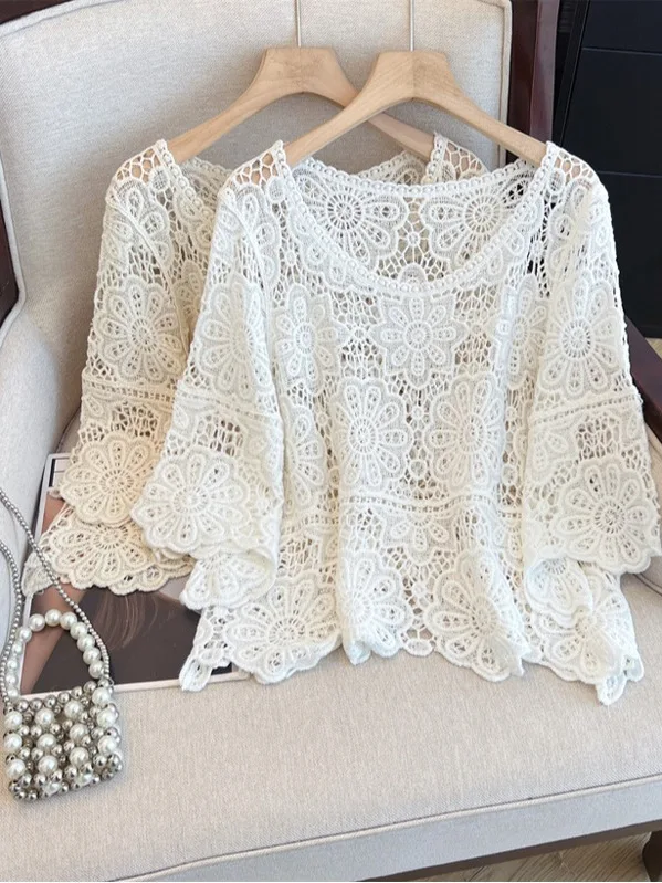 

Ele Hollow out Lace irt Summer New Sle plus Size Women's Faion ort Slimming Top French Sle Cotton Blend Knitwear