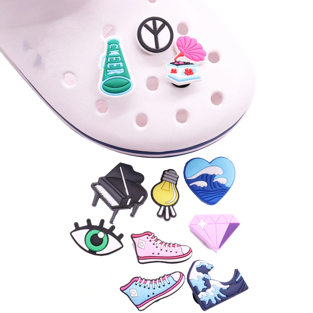 

1Pcs Cartoon Diamond Piano Wave Peace Eyes Shoe Charms PVC Shoes Decorations Buckle Fit Wristband Backpack Kids Gift