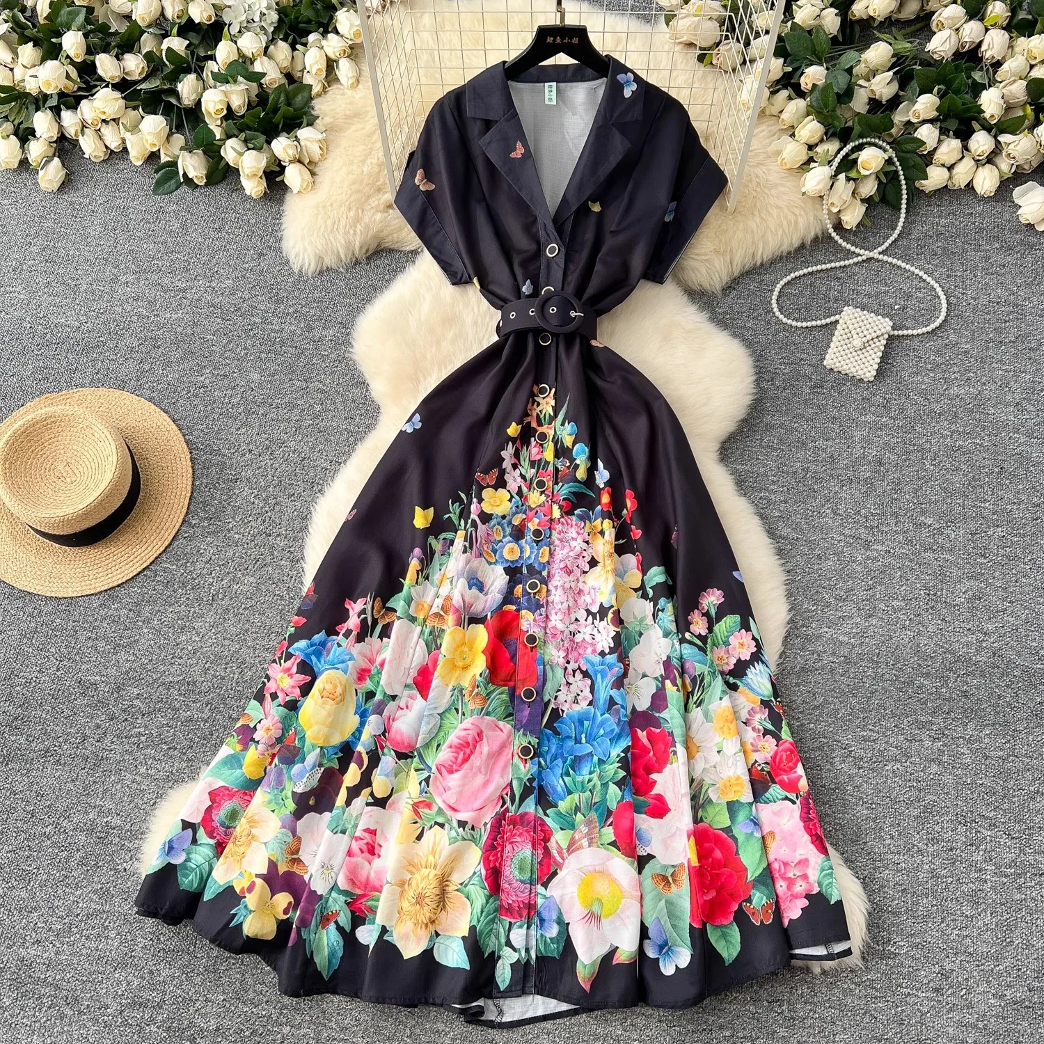 Summer Holiday Floral Print Dress Women's Notched Short Sleeve Single Breasted Buttons Up Belt Boho Maxi Long Robe Vestidos