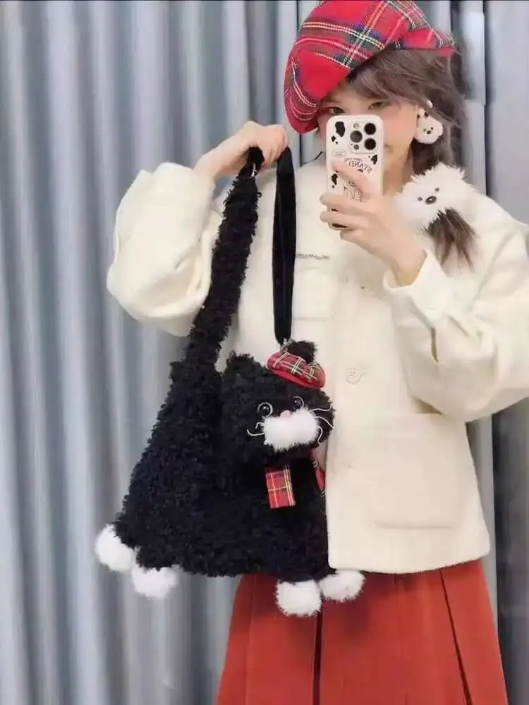 Urocza, kawaii torba na ramię z futerkiem w kształcie kota, idealna jako plecak szkolny, torba na co dzień dla ucznia, nastolatka, prezent B1977 Hit