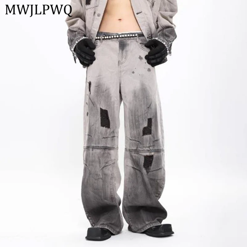 

MWJLPWQ Hole Design Wide-Leg Washed Vintage Ripped Jeans For Men High Street Distress Loose Hiphop Straight Long Pants New 11479