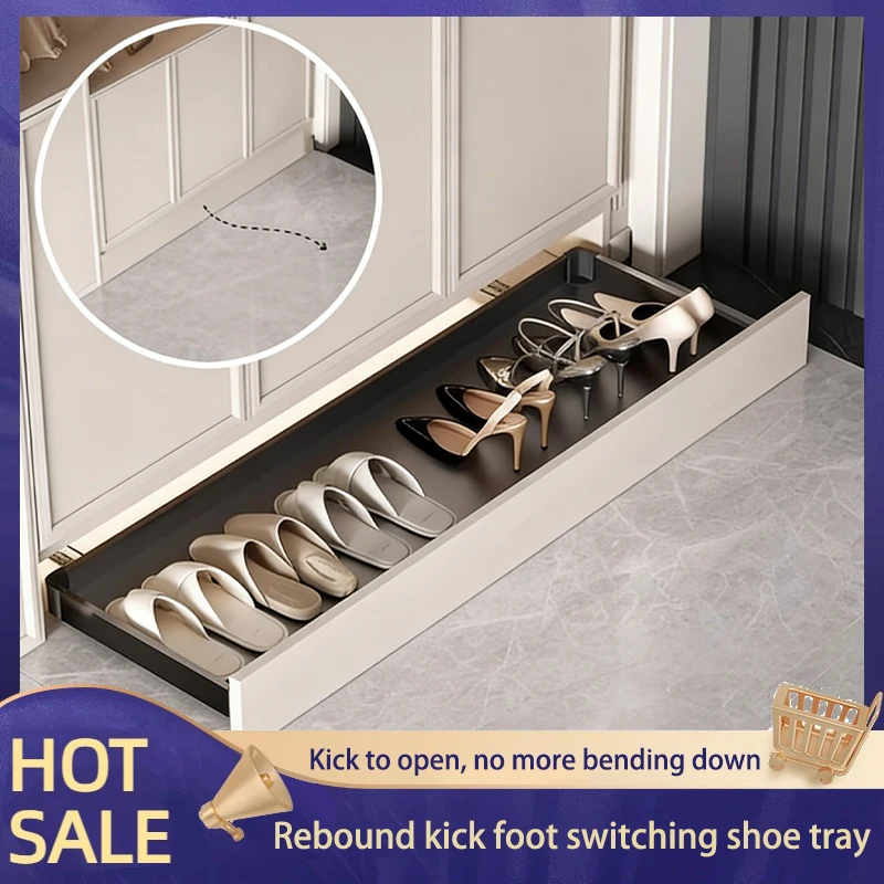 Retractable Under Shoe Cabinet Kick Drawer Pull Out Hidden Storage Tray For Entryway Shoe Organizer With Smooth Sliding Rails