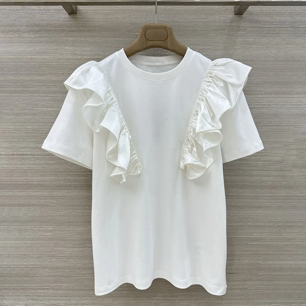 

High-quality 2026 summer new style women's solid-color casual comfortable T-shirt, with lace decoration xy2640749