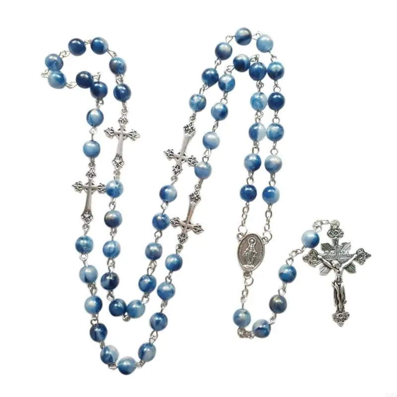 A3PA Blue Acrylic Rosary Necklace Long for Cross Pendant Catholic Christian Necklace Religious Jewelry for Men Women