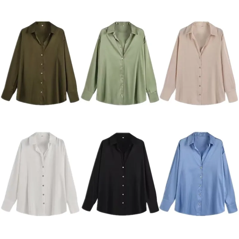 

Silk Satin Drapey irt Women's Faion Slimming Versatile Personali Spring New Sle Commute Sle Straight Tube Long Sve