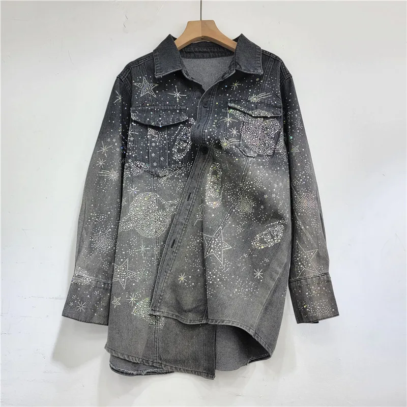 Hot Drilling Single-Breasted Denim Jacket 2024 Spring New Loose All-Match Long Sleeve Casual Cardigan Denim Shirt for Women