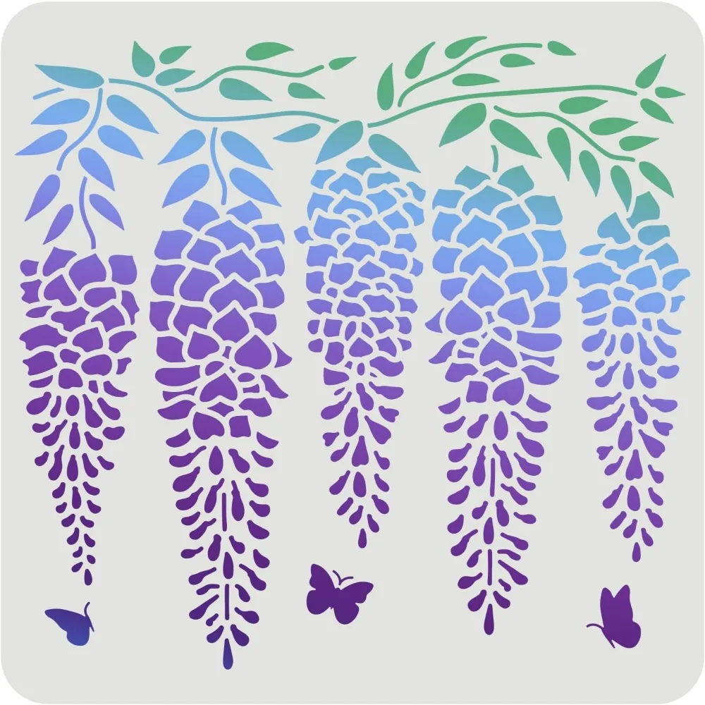 Wisteria Stencils Template 11.8x11.8inch Plastic Flowers Drawing Painting Stencils Flower Butterfly Wall Stencils Reusable