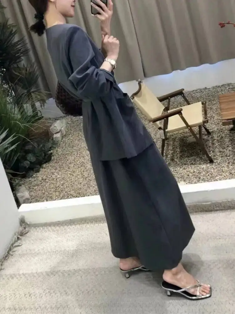 TLXT Casual Solid Color 2 Piece Set Women's V Neck Lace Up Tops A Line Loose Dress 2025 Summer New Clothing XK1410