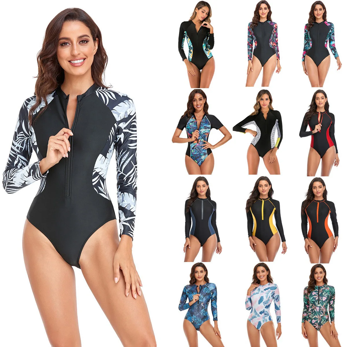 

Zippered Swimsuit Full-Length Sleeve Rashguard Swimsuit Plus-Size Onepiece Shaping Swimsuit Modest Covered Diving Swimwear