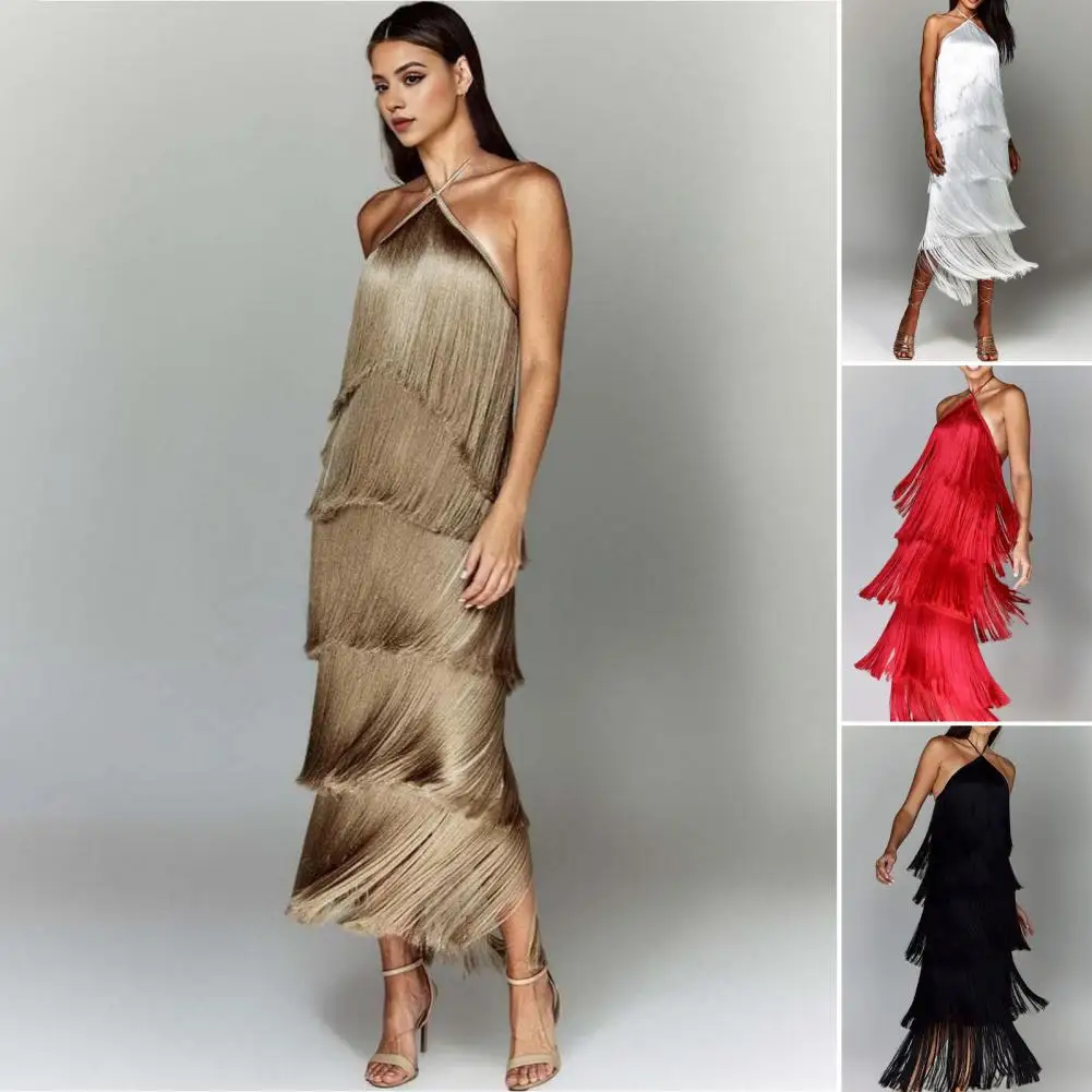 Evening Party Women Dress Off Shoulder Fringe Multi-layered Cake Hem Dress Rumba Cha-cha Dance Competition Prom Ball Maxi Dress