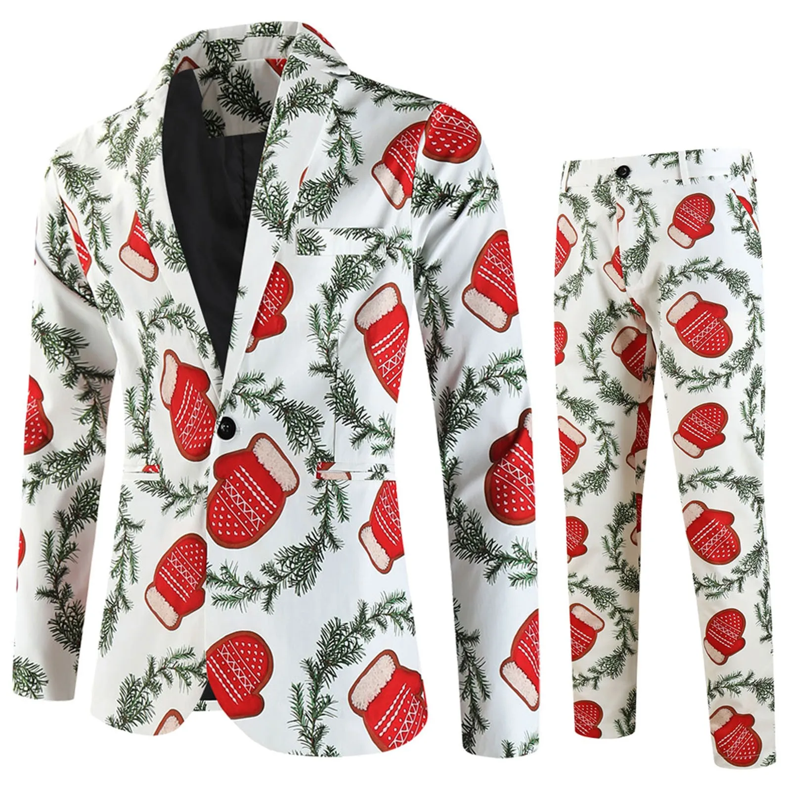 الأحمر المطبوعة قطعتين عيد الميلاد طويلة الأكمام دعوى مجموعة جاكيتات وسراويل للرجال خمر السترة معطف أبيض أزرق عيد الميلاد زي