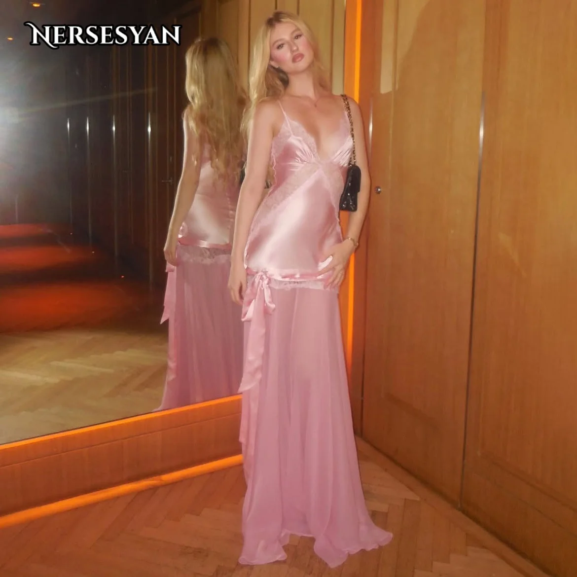 Nersesyan Luxury Pink Lace Mermaid Evening Dresses Spaghetti Straps Bow Ribbon Formal Dress Girls Party Gowns 2026 Customized