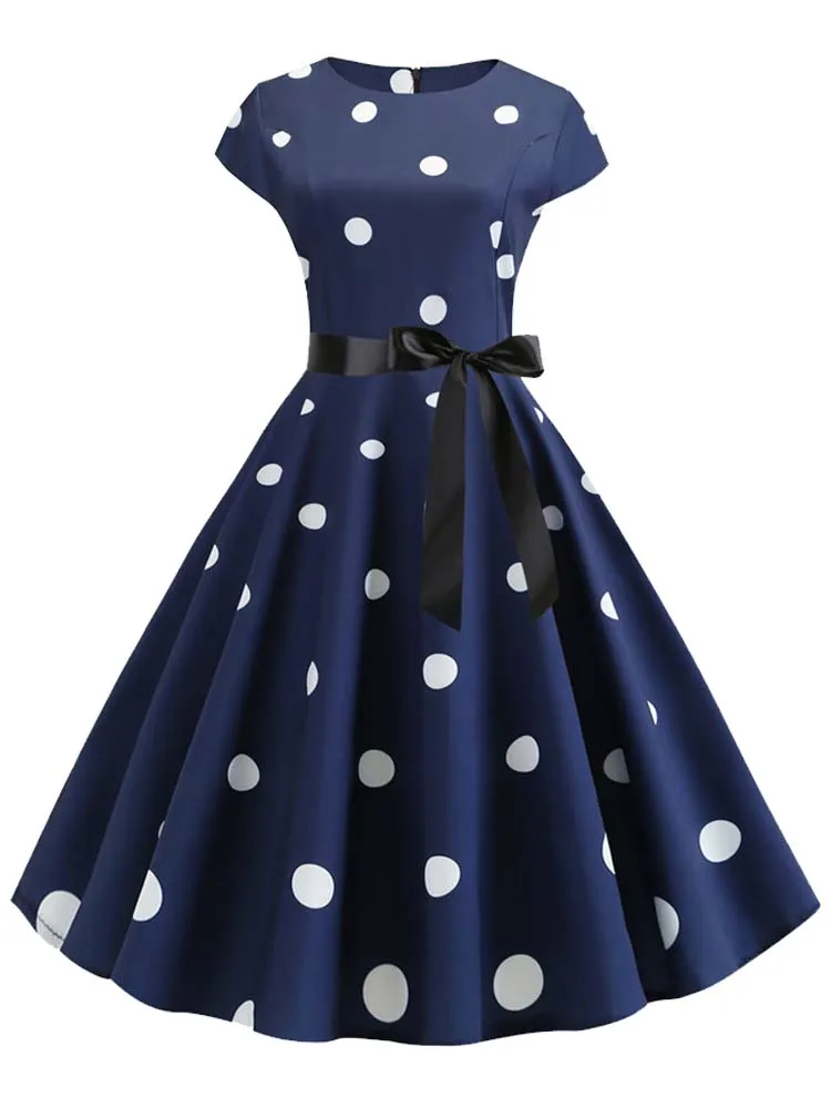 Women Summer Dress Vintage Polka Dot Print Robe Femme Sundress Vestidos Party Dress