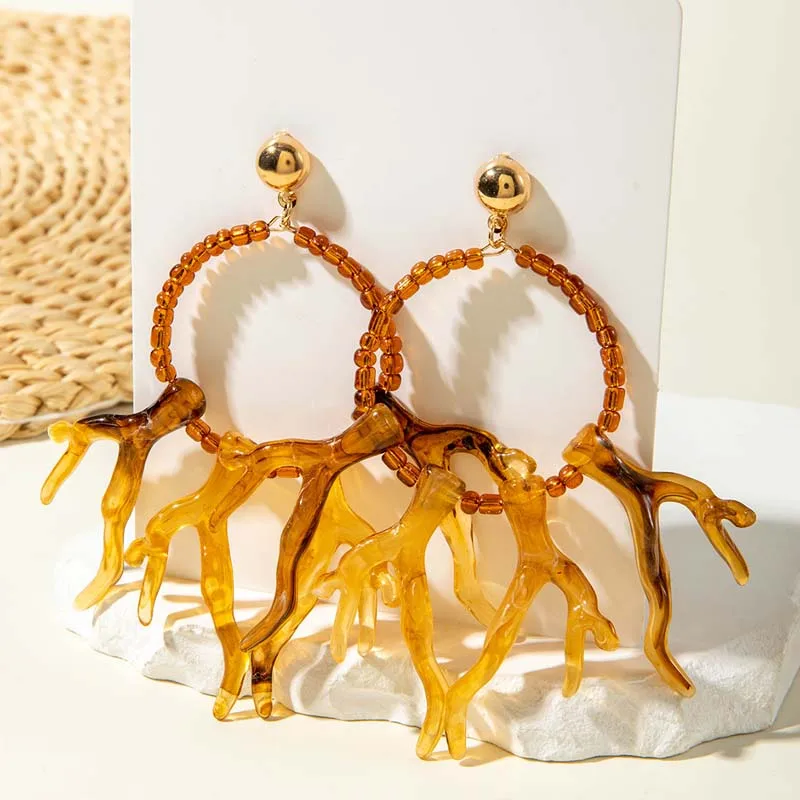 البوهيمي براون المرجان قلادة أقراط للنساء موضة الاكريليك هندسية حبة شرابة أقراط أذن منسدلة مجوهرات اكسسوارات