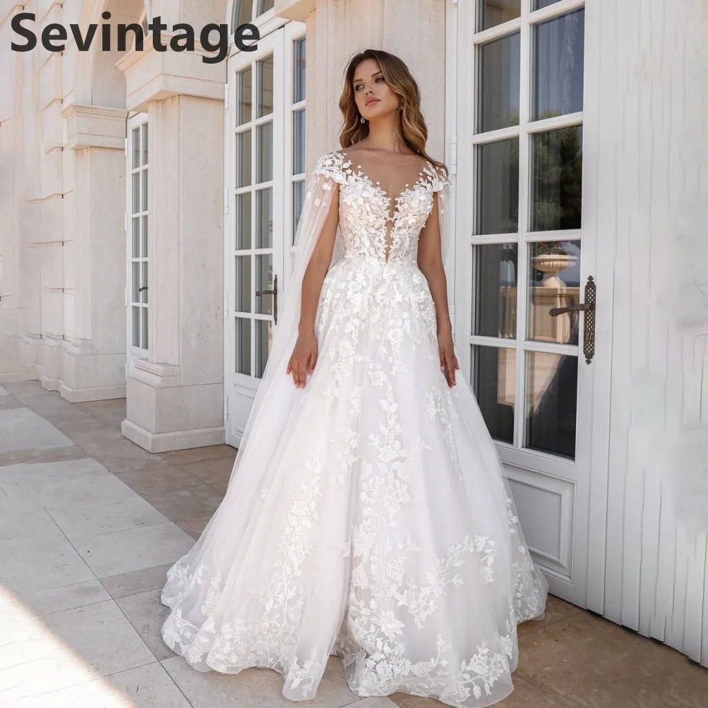 

Sevintage 2025 Tulle Wedding Dress Appliques Lace Cape Sleeve Elegant A Line Bridal Gowns robe de mariée Customized
