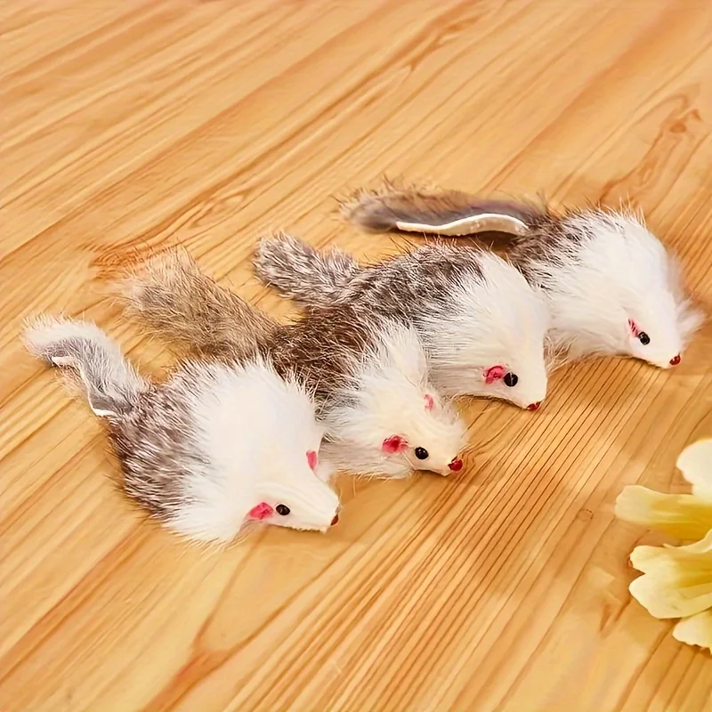 4pcs Realistic Long-Haired Grey-White Mouse Cat Toy with Red Eyes - Durable Plastic Plush Safe Hunting Prey for indoor Kittens &