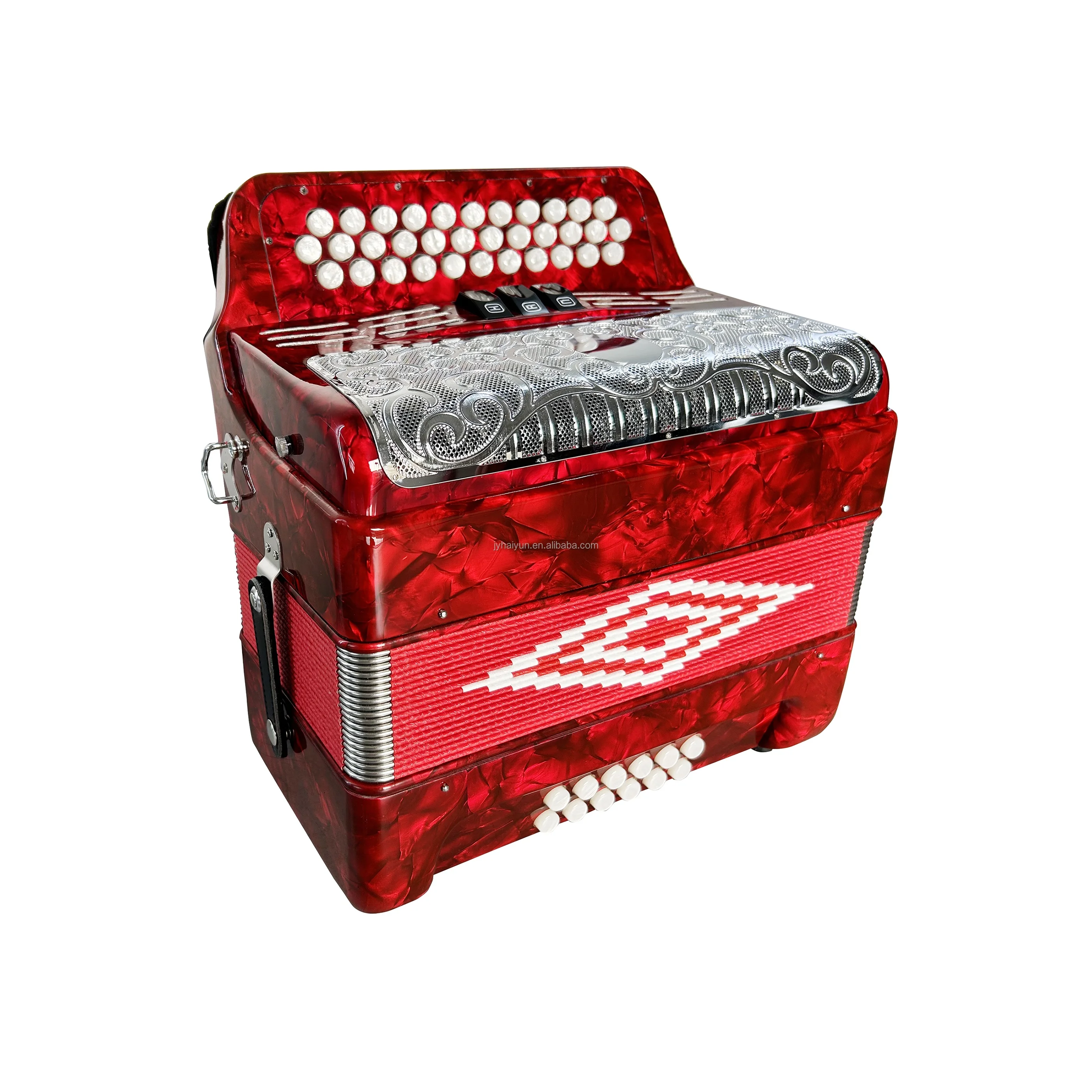 Professional Diatonic 34 Buttons 12 Bass 3 Registers Red Wood Accordion JB3412C Silver Grill White Buttons Portable